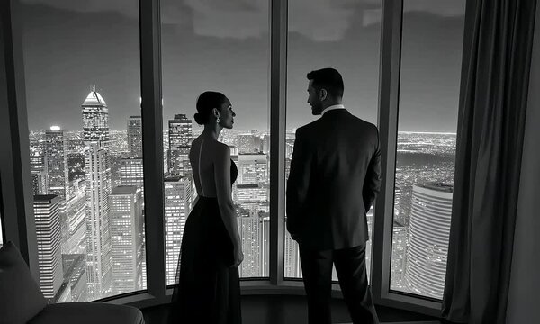 Elegant Couple Admires Panoramic Night City View from Luxurious Apartment