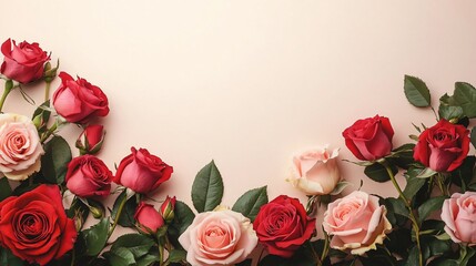 Beautiful arrangement of red and pink roses perfect for romantic events like weddings, anniversaries, and invitations, featuring ample copy space for personal messages.
