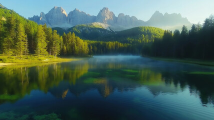 Obraz premium Stunning Fusine Lake view in Udine, Italy, surrounded by majestic Julian Alps