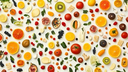 Colorful Arrangement of Fresh Fruits, Vegetables, and Herbs on a White Background