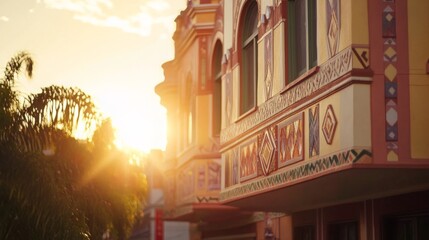 Vibrant Sunset Casting Warm Glow on Ornate Building Facade with Colorful Patterns and Detailing in a Tropical Setting