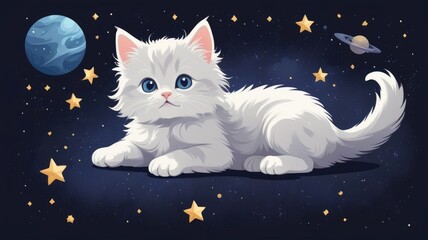 cat wallpaper cute cartoon,Playful kitten with fluffy tail, surrounded by tiny stars in space

