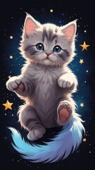 cat wallpaper cute cartoon,Playful kitten with fluffy tail, surrounded by tiny stars in space

