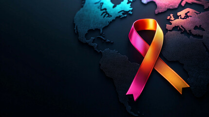 Realistic world cancer day poster or banner background Related tags, world map, ribbon, background medical, healthcare, symbol, awareness