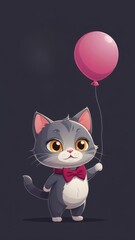 Fototapeta premium cat wallpaper cute cartoon,Cartoon cat wearing a bowtie, holding a balloon on a dark background