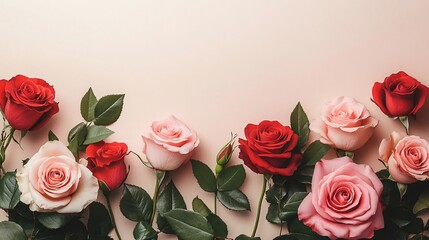 Elegant floral arrangement of red and pink roses suitable for wedding invitations, romantic anniversaries, or floral design events, exuding a serene atmosphere.