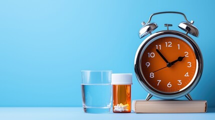 A vintage alarm clock, a glass of water, and a pill bottle sit against a blue background, symbolizing medication and timely health reminders.