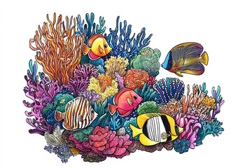 Vibrant coral reef illustration with colorful fish and sea life