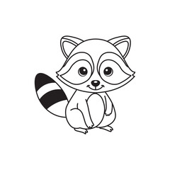 illustration of Black And White Coloring Book With Bold Lines, Cute Animal Racoon