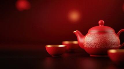 A vibrant red teapot and matching cups are elegantly arranged against a deep red background, creating a warm and inviting atmosphere.