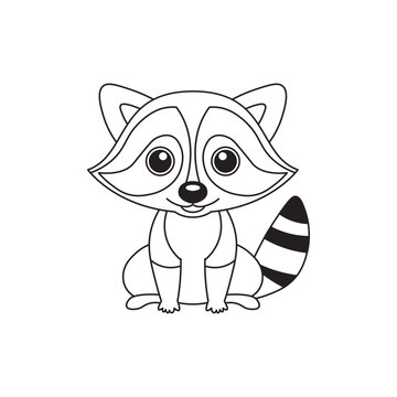 illustration of Black And White Coloring Book With Bold Lines, Cute Animal Racoon