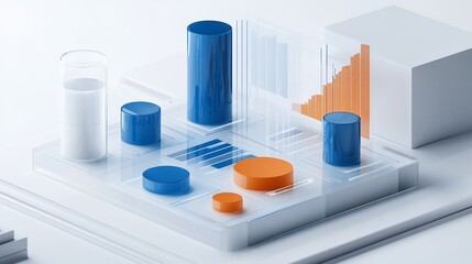 Abstract 3D data visualization with blue and orange cylinders and charts on a glass platform.