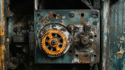 Industrial machinery and engineering mechanism with gears and cogs at work showcasing precision manufacturing technology






