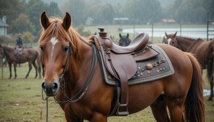 Obraz premium Brown horse with a saddle standing in the rain at a ranch with other horses in the background