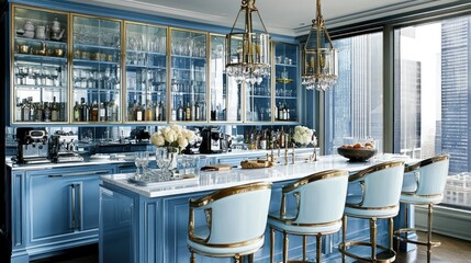 Luxury blue home bar with marble countertop, glass cabinets, and city view.