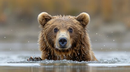 Obraz premium Brown bear swimming in a river with an out of focus background, for nature.