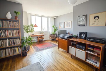 Mid-century modern living room with hardwood floors, bookshelves, plants, and vintage stereo equipment.