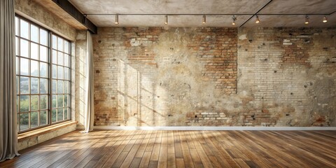 Sunlit Room with Exposed Brick Wall and Hardwood Floor, Ideal for Interior Design Inspiration