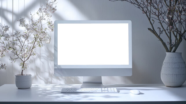 A computer monitor with an empty white screen stands on a table next to a vase of flowers. A mockup of a modern computer in a stylish, bright, minimalist room. The concept of calmness