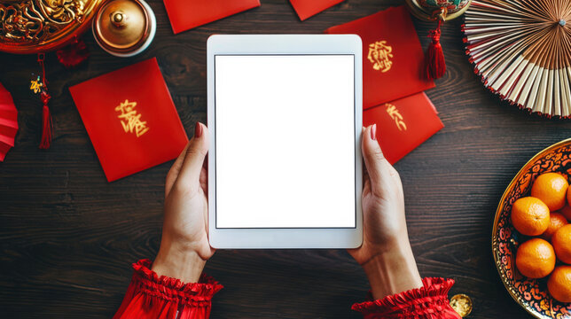 A white woman holds a tablet with an empty screen against the background of red Chinese Hongbao envelopes, top view. Tablet mockup. Chinese New Year celebration. Online shopping