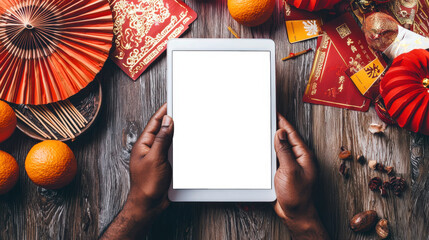 A man is holding a tablet with a white screen. A mockup of a stylish tablet against the background of a wooden table littered with tangerines, Chinese lanterns, hongbao money envelopes and other