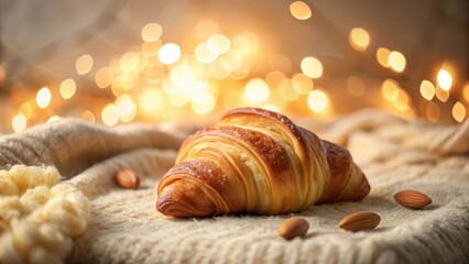 A freshly baked croissant rests on a soft, warm textile, illuminated by a soft, golden glow of ambient lights, creating a cozy and inviting atmosphere.