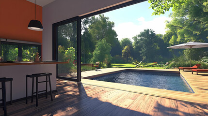 Modern House 3D Illustration: Poolside Kitchen View