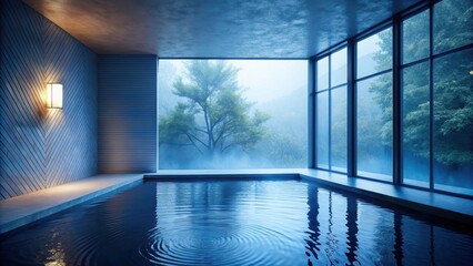 Serene Indoor Pool with Misty Forest View and Wood Paneling