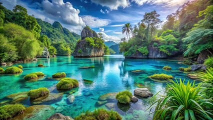 Naklejka premium Serene Lagoon Paradise Lush Tropical Vegetation, Crystal Clear Waters, and Dramatic Rock Formations Create a Picturesque Scene of Untouched Natural Beauty