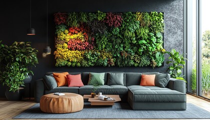 Obraz premium Stylish and sustainable living room featuring a vibrant vertical garden, cozy sofa, and ecofriendly furniture, creating a relaxing and harmonious atmosphere, ultradetailed shot