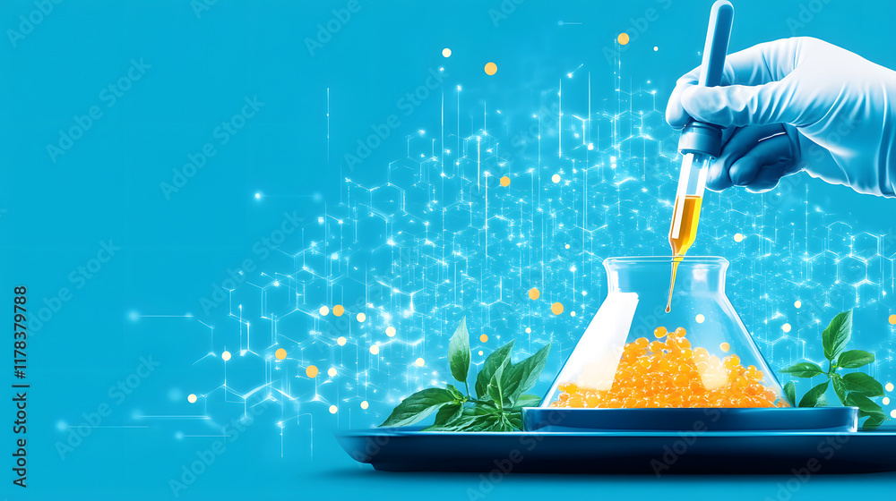 Poster A hand in a glove uses a pipette to add liquid to a flask filled with orange substance, surrounded by green leaves and a vibrant blue background