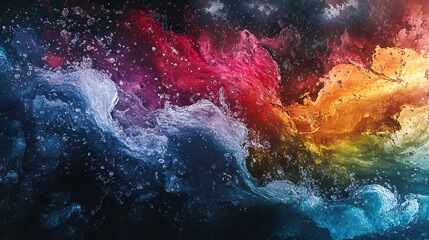 Naklejka premium An abstract representation of hailstorms, with colorful shards of ice tumbling against a vibrant backdrop, creating a chaotic yet beautiful display of natures power. 