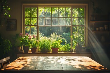 Sunlit room with potted plants on windowsill. Perfect for blogs, home décor, and peaceful settings.