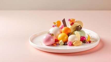 Colorful dessert arrangement on white plate with spheres and unique shapes