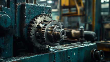 Industrial machinery and engineering mechanism with gears and cogs at work showcasing precision manufacturing technology






