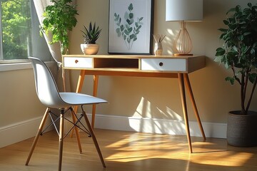 Stylish Scandinavian desk with open drawer in minimalist home office, light wood with white accents, sleek and rustic design, modern comfort.