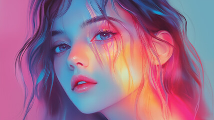 A close-up portrait of a beautiful woman with glamorous makeup, brunette hair, and stylish fashion in a studio setting