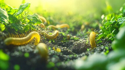 An abstract representation of soil teeming with life, illustrating the vibrant microorganisms and worms that support biodynamic agriculture, surrounded by lush green plants.  