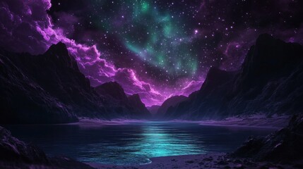 Naklejka premium Night sky with aurora over lake, dark mountains in the background, for travel or fantasy