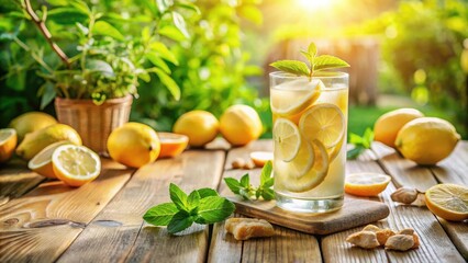 Refreshing Homemade Lemonade with Lemon Slices and Mint on Rustic Wooden Table