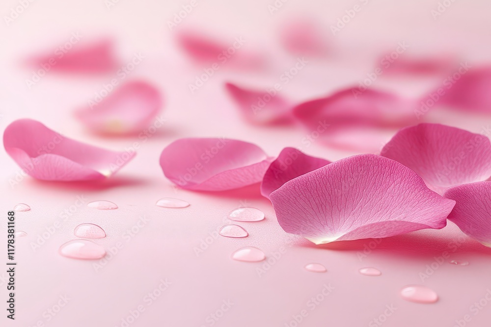 Wall mural Delicate pink petals glisten on a pristine white surface, each droplet reflecting love's essence, creating a romantic and enchanting atmosphere.