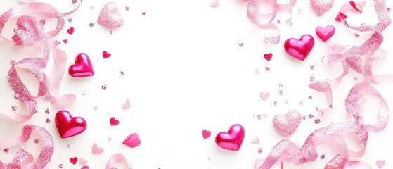 Fototapeta premium Delicate hearts in vibrant colors dance across a soft white canvas, intertwined with charming pink ribbons, celebrating love's enchanting embrace.