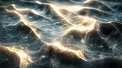 An abstract representation of the ocean floor, with intricate patterns of sand and stones illuminated by soft rays of light, creating a mesmerizing visual experience. 
