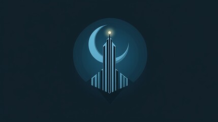 Skyscraper at night, crescent moon, glowing top.