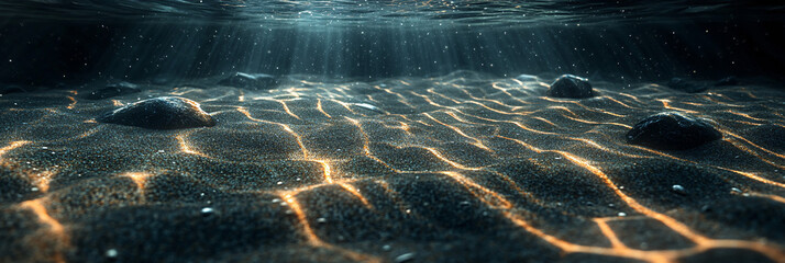 An abstract representation of the ocean floor, with intricate patterns of sand and stones illuminated by soft rays of light, creating a mesmerizing visual experience.  