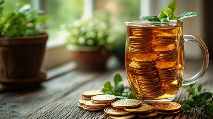 Coins in a glass cup with tea on wood table next to plants, finance concept.