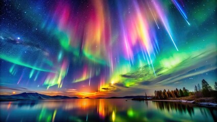 Spectacular Aurora Borealis Display Over Serene Lake at Sunset with Shooting Stars