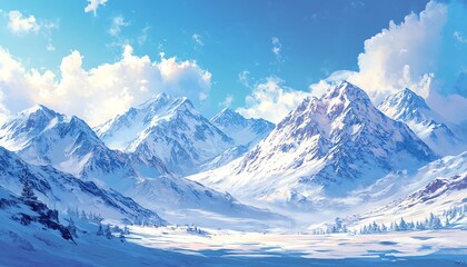 Obraz premium White snowcovered mountains with vibrant blue sky, evoking the spirit of travel, vacation, resilience, and overcoming challenges, detailed scenic landscape