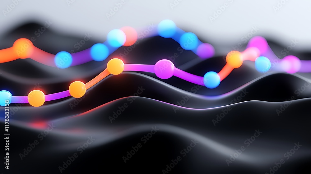 Poster abstract 3d rendering of glowing lines and spheres forming a dynamic wave pattern on a dark surface.