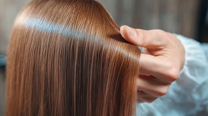 Fototapeta premium Master barber shows healthy texture of client hair after restoration, nutrition and dyeing procedure